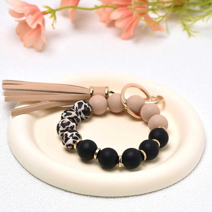 BAOSIWA Silicone Beaded Bracelet Keychain Wristlet Key Ring Bangle Chains for Women with Leather Tassel