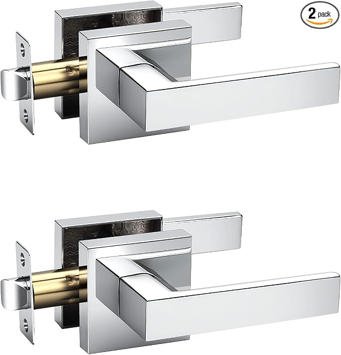 KNOBWELL 2 Pack Door Handles Interior Passage Doorknob with Straight Lever Polished Chrome Hallway Closet Door Handles