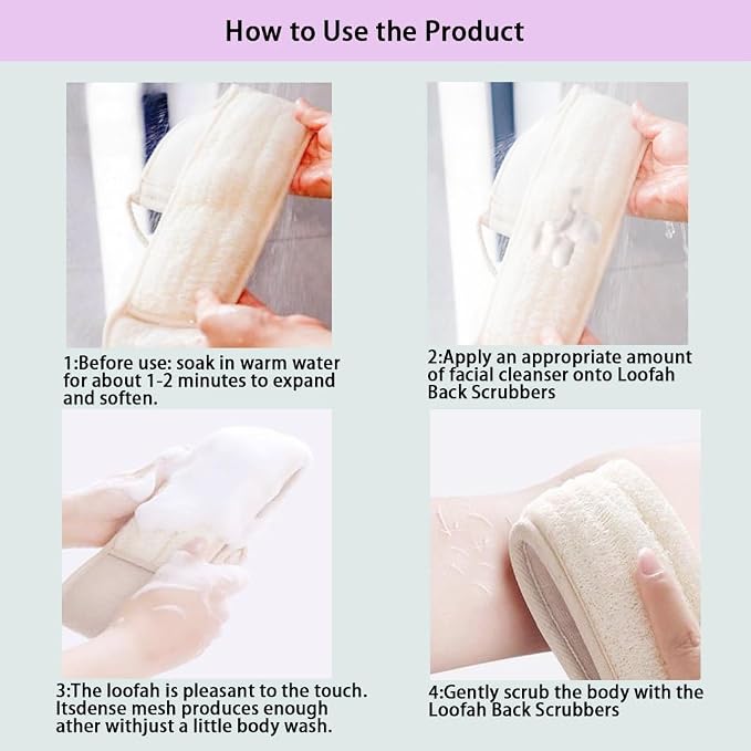 Natural Loofah Back Scrubber, 27.5" Length, 1 Pack | Dual Sided Exfoliating Washcloth with Cotton Handles, Back & Body Scrubber for Shower, Women & Men, Travel-Friendly Spa Gift