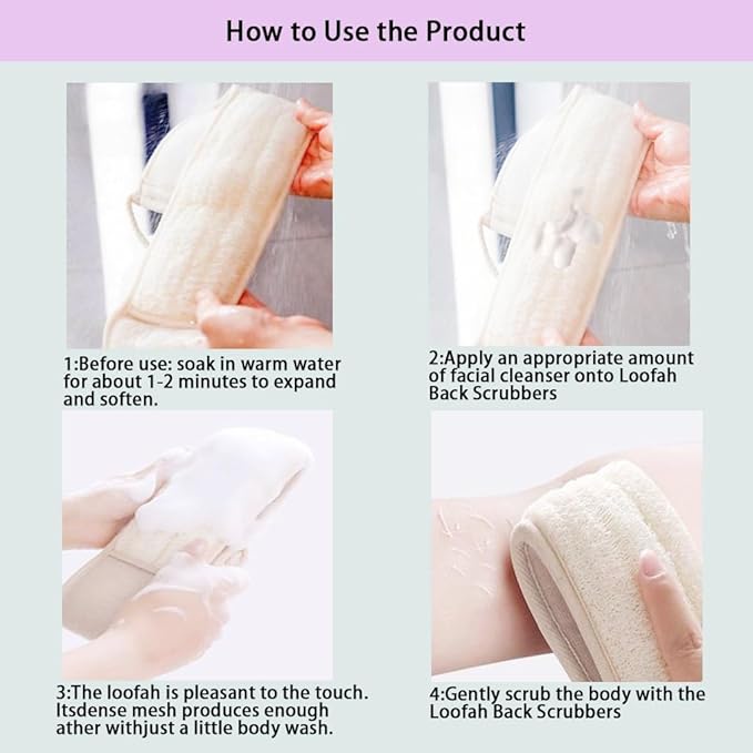 Natural Loofah Back Scrubber, 43.3" Extra-Long, 1 Pack | Dual Sided Exfoliating Washcloth with Cotton Handles, Back & Body Scrubber for Shower, Women & Men, Travel-Friendly Spa Gift