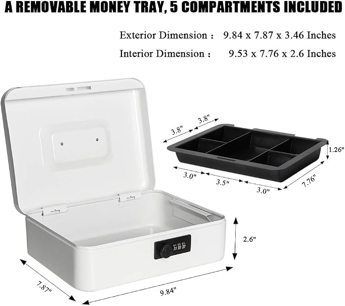 Jssmst Cash Box with Combination Lock - Durable Metal Cash Box with Money Tray, Large, White