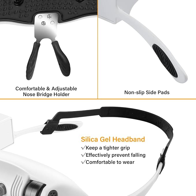Hands Free Head Magnifying Glasses, Magnifier with Light, 1X, 2X, 3X, 5X, 6X, 8X, Ideal for Jewelry, Eyelash Extensions, Soldering, Craft, Cross Stitch