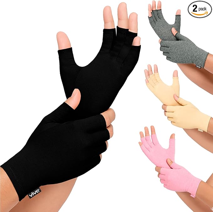 Vive Rheumatoid Arthritis Gloves - Men and Women Fingerless Compression Wrap for Hand Pain and Osteoarthritis - Black Hand Wrap for Arthritic Joint Symptom Relief - Open Finger Fit