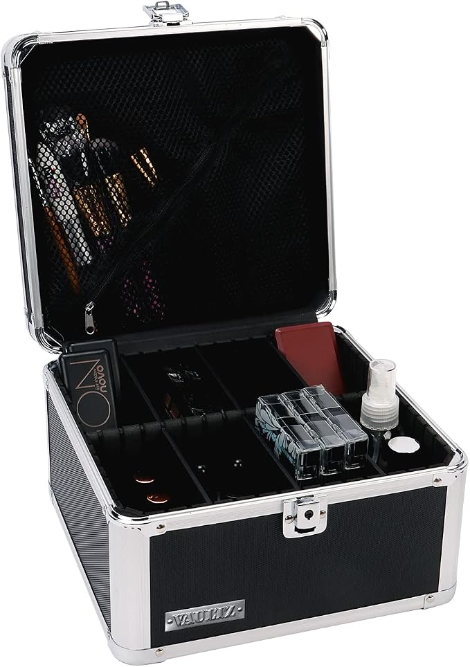 Vaultz Portable Safe Box - 10 x 10 x 6.5 Inch Large Storage Box with Lock, Mesh Pocket & Adjustable Compartments for Cash, Documents and Valuables - Black