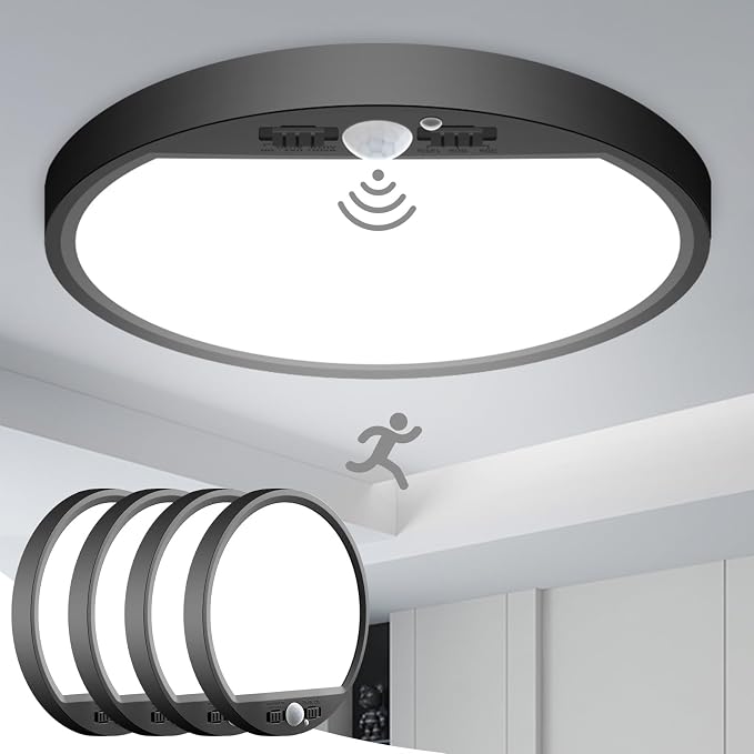 slochi 4Pack Motion Sensor Light Indoor Wired, 8.7 Inch 3000K/4000K/6500K Closet Lights Motion Sensored, 18W 1800LM Flush Mount Ceiling Light for Hallway Pantry Stairwell Porch, Black