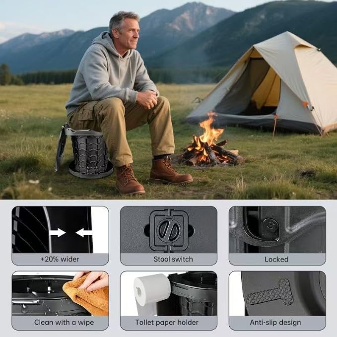 XXL Portable camping Toilet, Foldable and Height Adjustable, Load Capacity 500lbs, with Carrying Handle, Perfect for Camping, Travel & Car Use