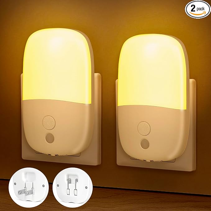 LED Night Light Plug into Wall, 2 Pack Dimmable Night Lights with Dusk to Dawn Sensor & Retractable Plug & 3 Adjustable Brightness, 3000K Warm Nightlight for Adults/Kids/Bedroom/Stair/Hallway/Kitchen