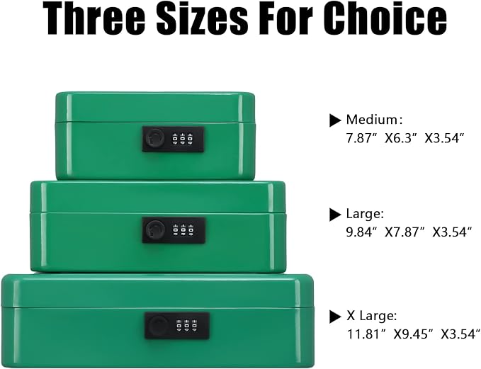KYODOLED Large Cash Box with Combination Lock,Safe Metal Box for Money, Storage Lock Box with Money Tray,9.84"x 7.87"x 3.54" Green Large