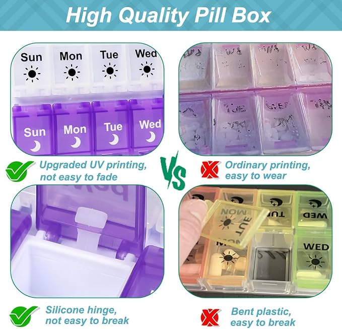 Shintop Am Pm Pill Organizer 7 Day, Weekly Pill Box 2 Times a Day | Easy-Open Push Button, Quick-Fill Top, 14 Large Compartments, BPA-Free PP, Silicone Hinges, Senior- and Arthritis-Friendly