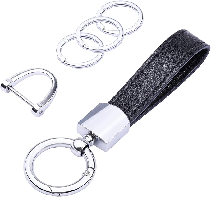 Wisdompro Genuine Leather Car Keychain, Universal Key Fob Keychain | Leather Car FOB Key Chain Holder for Men and Women, 360 Degree Rotatable, with Anti-lost D-ring and 3 Keyrings