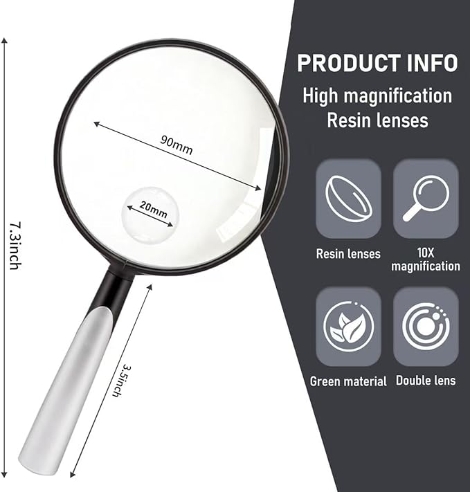 Feosky Handheld Reading Magnifier, 10X Magnifier, 90mm Shatterproof Lens, Adults Close Work Non-Slip Handle for Seniors Reading and Nature Exploration, Insect and Hobby Observation(Silver)