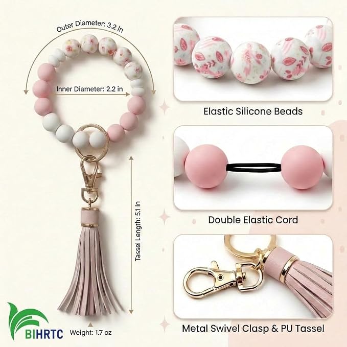 BIHRTC Key Ring Bracelet Car Keychain Holder Wristlet Silicone Women Beaded Bangle Chains