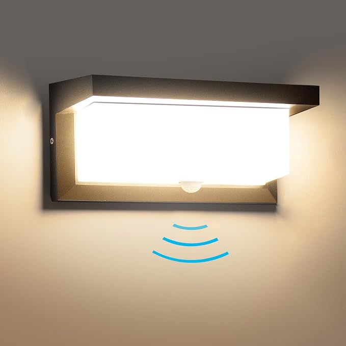 18W Motion Sensor LED Wall Light, IP65 Outdoor Porch Light 110V | Hardwired design, aluminum housing, dusk to dawn function, applicable for outdoor porch and indoor lighting