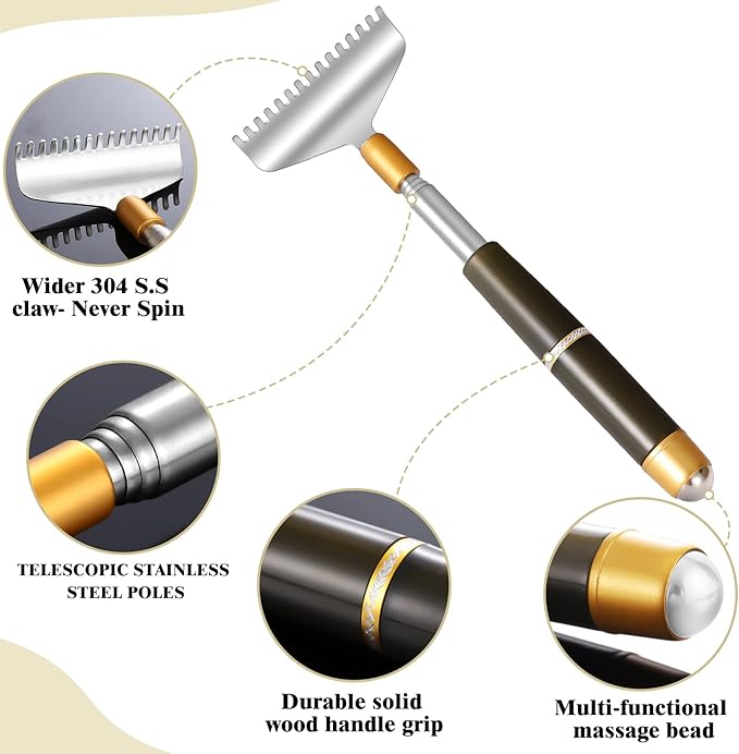 Large Back Scratcher for Women Men Extendable, Extra Wide Claw/Anti-Slip Long Handle/Massage Roller, Portable Metal Head Body Hand Scratcher Massager Tool