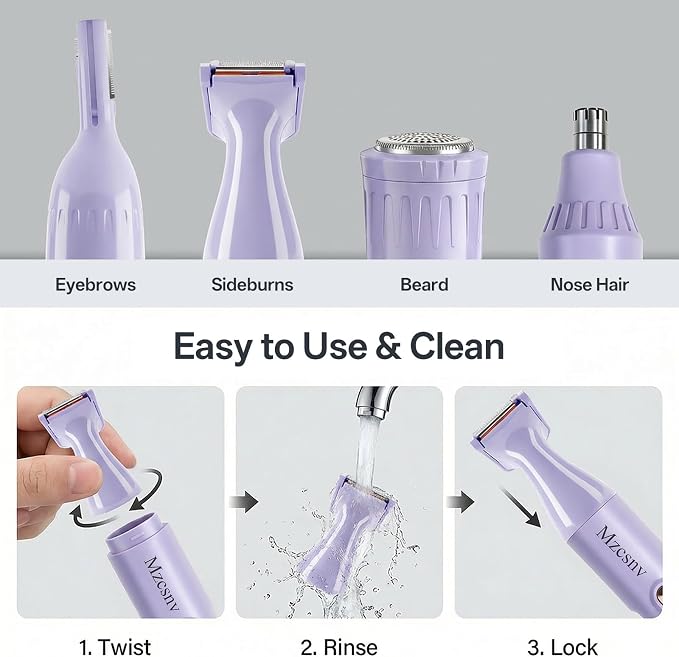 Rechargeable Nose Hair Trimmer - 4-in-1 Ear Eyebrow Beard Grooming Kit for Men & Women, Waterproof Quiet Motor, Fast Charging | 11000 RPM | Portable Travel Size Nose Trimmer Beard Trimmer (Purple)