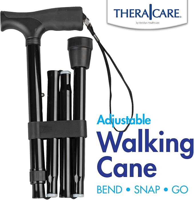 Thera|Care Adjustable Folding Walking Cane | 33” to 37” Height | 300 lbs 136 kg Weight Capacity | Sturdy, Lightweight Aluminum | Folds with Included Storage Pouch