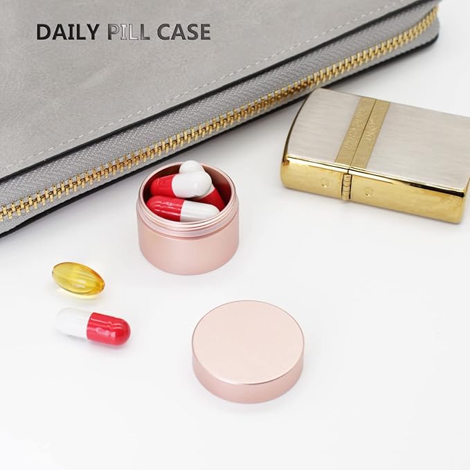 Portable Daily Pill Case, Heavy Duty Aluminium Alloy Round Pill Box, Waterproof Travel Pill Organizer, Pocket Purse Medicine Vitamin Holder EDC Container for Outdoor Camping Working