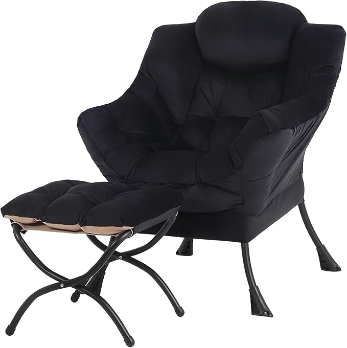 Tiita Lazy Chair with Ottoman, Modern Large Accent Lounge Armchair, Comfy Leisure Sofa Reading Chair with Footrest for Bedroom, Living Room, Dorm Rooms, Garden and Courtyard, Velvet Black