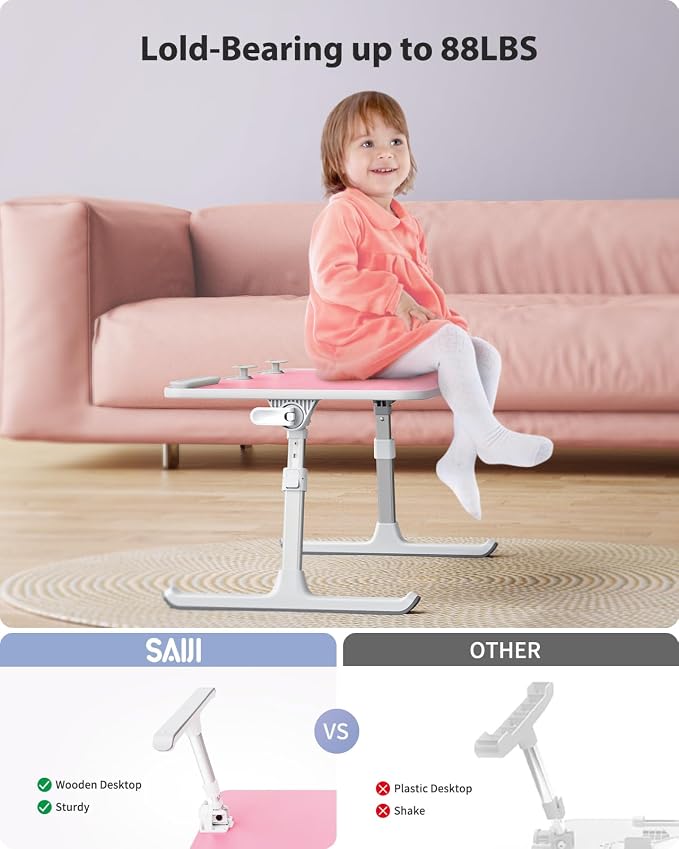 SAIJI Height & Angle Adjustable Laptop Stand for Bed, Lap Desk Tray Table | Light Weight Foldable Portable Laptop Table for Couch Sofa Chair Floor Desk for Adults, Kids (Pink)