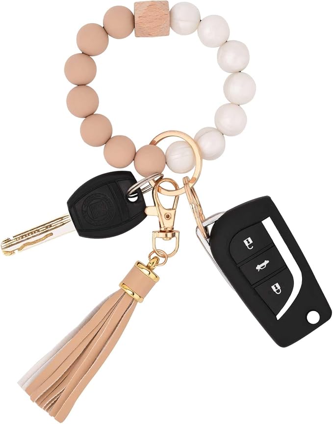 BAOSIWA Silicone Beaded Bracelet Keychain Wristlet Key Ring Bangle Chains for Women with Leather Tassel