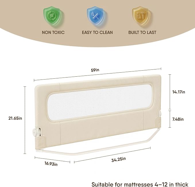 Bed Rail for Toddlers, 59 Inch Foldable Baby Guard | 59 in foldable toddler rail with reinforced anchors, no-gap mattress fit, double lock, washable fabric for King|Queen