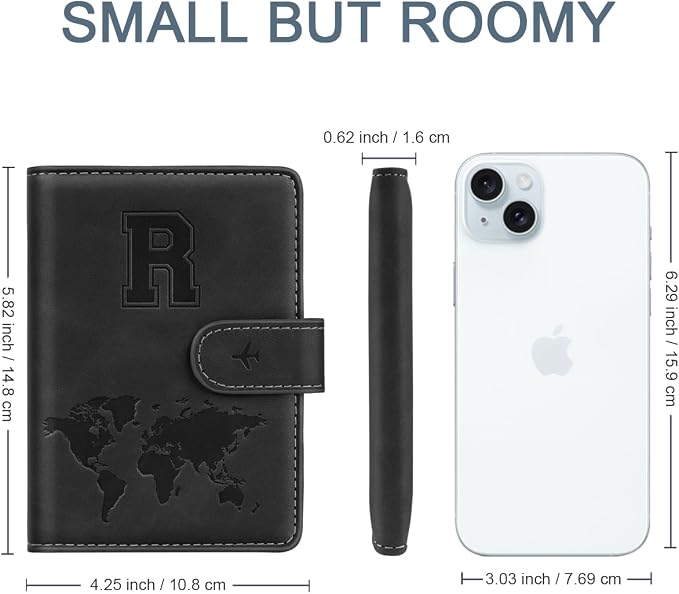 Passport Holder for Travel Essentials Personalized Initial Wallets | Embossed Letter A-Z Design, RFID Blocking, Passport Cover, Passport Book Holders, Men Women, Personalized Gifts, Black-R