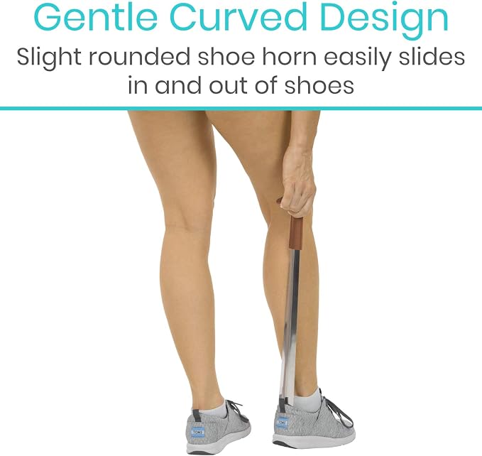 Vive Long Shoe Horn - Metal Shoehorn for Men, Women, Kids, Travel, Boots - Dress Assist, Large Extended Mobility Reach Stainless Steel Leather Handle - Handicap, Elderly Senior, Pregnancy (16.5 Inch) | Dress Assist, Large Extended Mobility Reach Stainl...