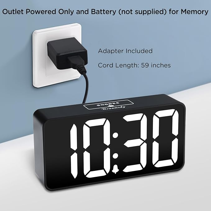 DreamSky Small Digital Alarm Clock for Bederoom, Large Big Numbers Display with Dimmer for Living Room, Electric Bedside Desk Clock with USB Charging Port, Adjustable Volume, USB-C Adapter Powered