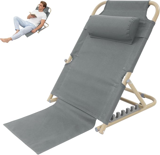 PERFERATE Bed Backrest Support Portable Bed Chair 7 Gears Adjustable Lifting Beds Backrest Folding Reading Chair with Pillow for Elderly Back Neck Lumbar Support, Beach Comfy Travel (Grey)