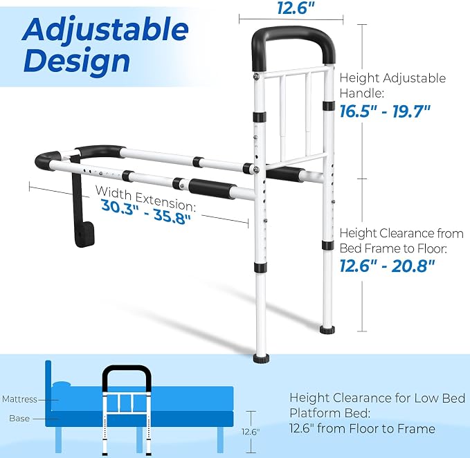 Bed Rails for Elderly Adults Safety - ASTM Approved Adjustable Bed Cane Supports 350LBS with Non-Slip Grip & Storage Pocket, Stable Bed Assist Rails for Seniors, Tool-Free