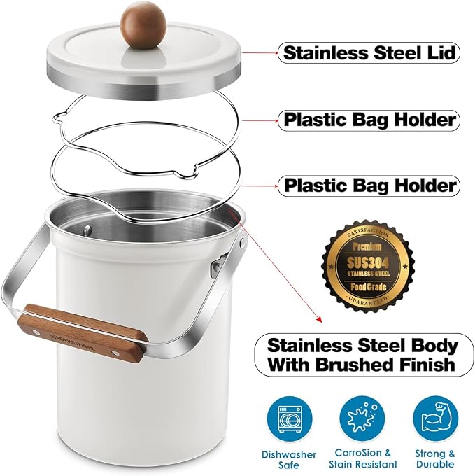 WAGENSTEIGER Kitchen Countertop Compost Bin 101ounces / 3Liters, Airtight Lid SUS304 Stainless Steel Odor-Free Food Waste Bin with Wooden Handle Stylish Design/Bathroom Trash Can (White)