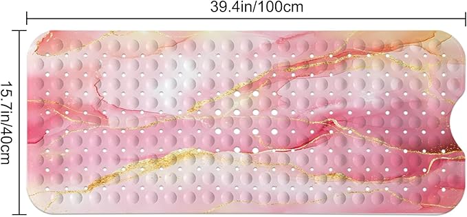 LNOND Marble Bath Tub Mat Non Slip, Extra Long 40 X 16 Inch Anti Slip Mat for Bathtub, Pink Gold Marble Shower Mat with Drain Holes and Suction Cups, Machine Washable