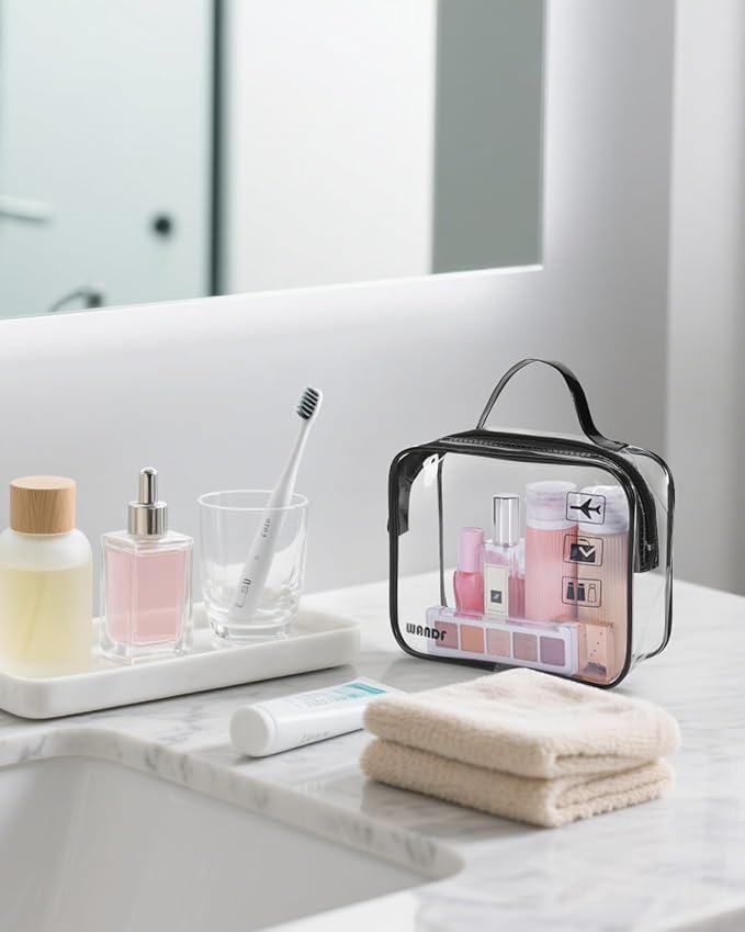 WANDF TSA Approved Toiletry Bag, 2 Pack Clear Makeup Bag | Quart Size, Airport Carry-On, TSA Liquids Travel Bag, Clear PVC, Women Men Travel Essentials