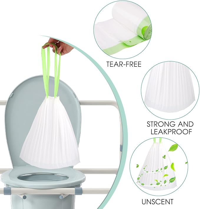 Commode Liners with Absorbent Pad, Universal Fit for Commode/Camping Toilet | 100Bags+100Pads, Unscented, Leakproof, Drawstring Closure for Easy Disposal, 1000ml Absorbency,for Seniors Home Care, RV Trip