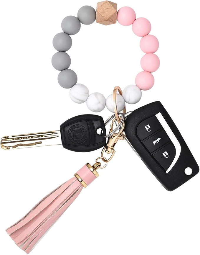 BAOSIWA Silicone Beaded Bracelet Keychain Wristlet Key Ring Bangle Chains for Women with Leather Tassel