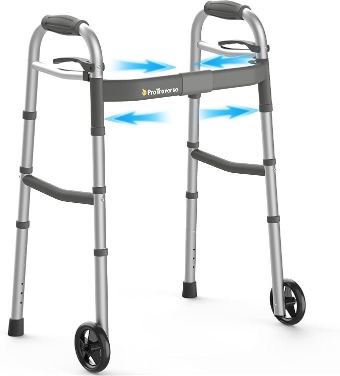 Standard Walkers for Seniors,Folding Walker with Front Wheels, Height and Width Adjustable Standard Walker,350lbs Capacity, Lightweight Aluminum Walker for Elderly Adults and Handicap