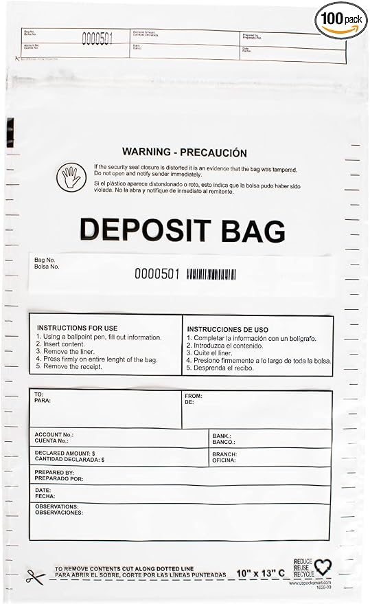 Clear Plastic Deposit Bags 10"x13" | Secure Bank Deposits, Cash Handling or Safe Currency Transportation | Sequential Barcodes | Tamper-Evident | Tear-Off Receipt for Security | 100-Pack