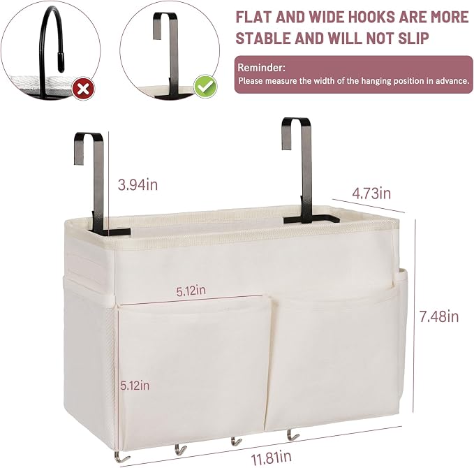 Bedside Caddy Organizer 5 Pockets and 4 Hooks for Bunk Bed White | Hanging Storage Bag for Headboards