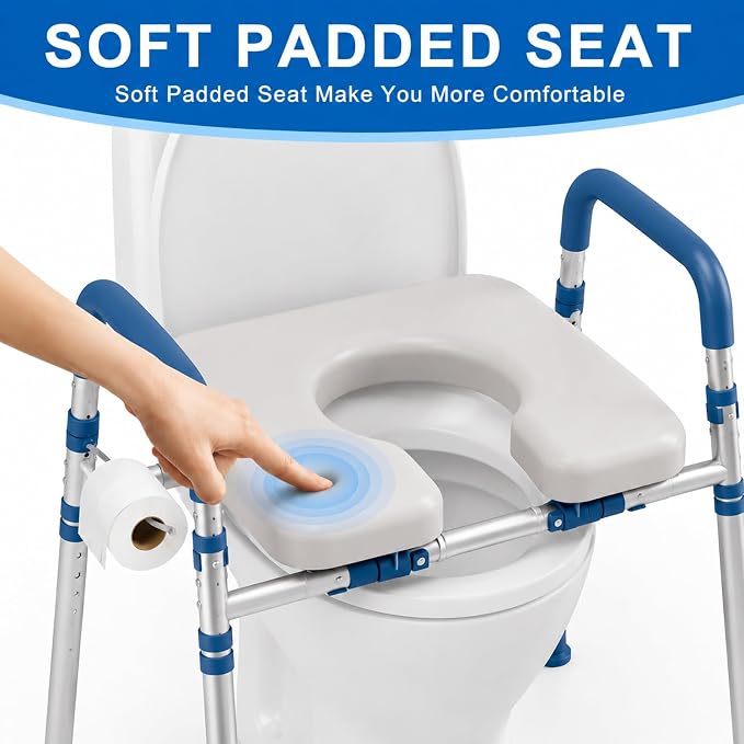 Raised Toilet Seat with Handles, Blue | Adjustable Height & Width, 400lbs Capacity, Padded, For Seniors, Disabled, Post-Surgery, Fits Most Toilets