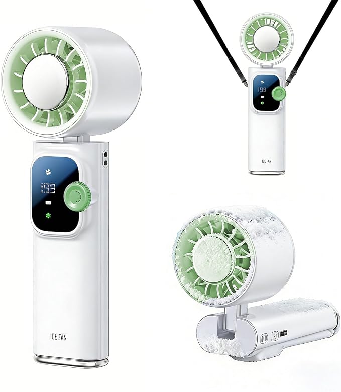 Portable Handheld Fan with Ice Cooling Personal Rechargeable Mini Neck Fan | 20000RPM,199-Speed 4000mAh Battery Powered up to 15hrs with LED Display for Travel, Camping & Outdoor, White