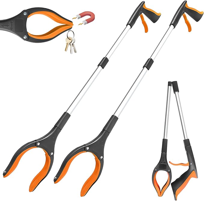 32" Grabber Reacher Tool, 2-Pack Foldable Reacher Grabber Pickup Tool with 360° Anti-Slip Rotating Jaw & Magnet, Mobility Aid Reaching Assist Tool for Trash Pick Up, Lightweight Grabber Tool