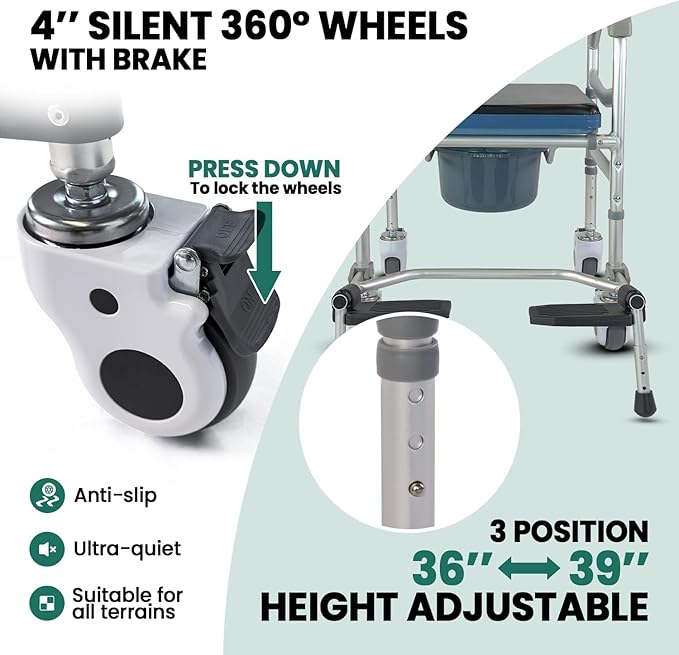 4-in-1 Floding Bedside Commode Chair, Rolling Shower Wheelchair with Arms, 4 Lockable Wheels, Detachable Bucket, Toilet Brush, Height Adjustable & Flip-up Footrest, Padded Mobile Toilet Chair