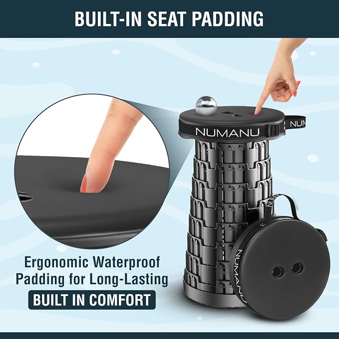 Padded Collapsible Stool for Adults, Portable Folding Seat, 620 lbs | Padded Heavy-Duty Stool, Telescoping 2.5-18in Adjustable, Retractable & Lightweight; Travel, Sports, Camping, Seniors, Work