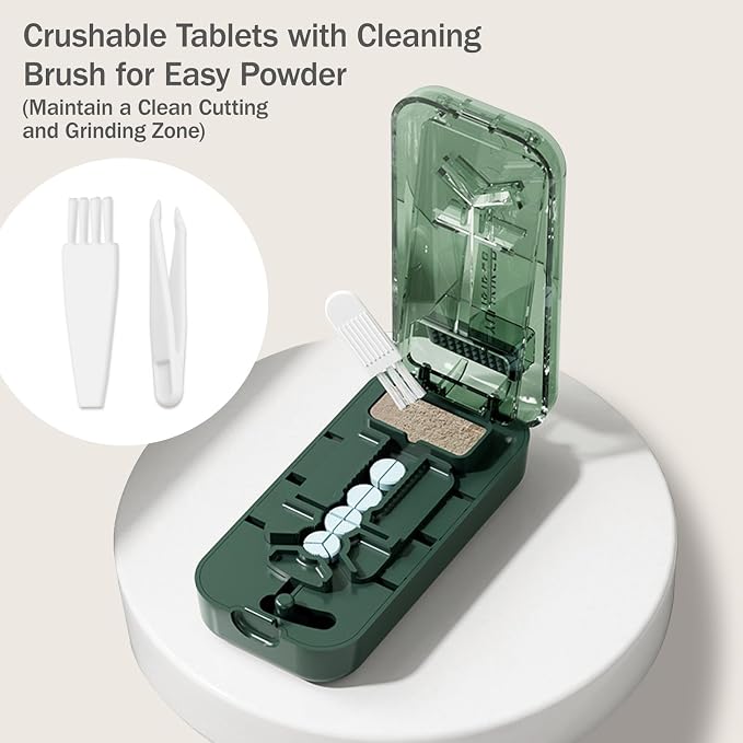 3-in-1 Adjustable Pill Cutter for Small & Large Pills, Professional Pill Splitter Cuts Tablets into 1/2, 1/3 & 1/4, Cuts Multiple Tablets,Hidden Blade，with Storage Box and Tweezers (Green)
