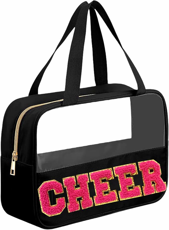 Chenille Pink Letter Cheer Bag Cheerleader Gifts for Team Women Girls Cheer Stuff Accessories Makeup Bag with Handle and Zipper, Cheer Gifts