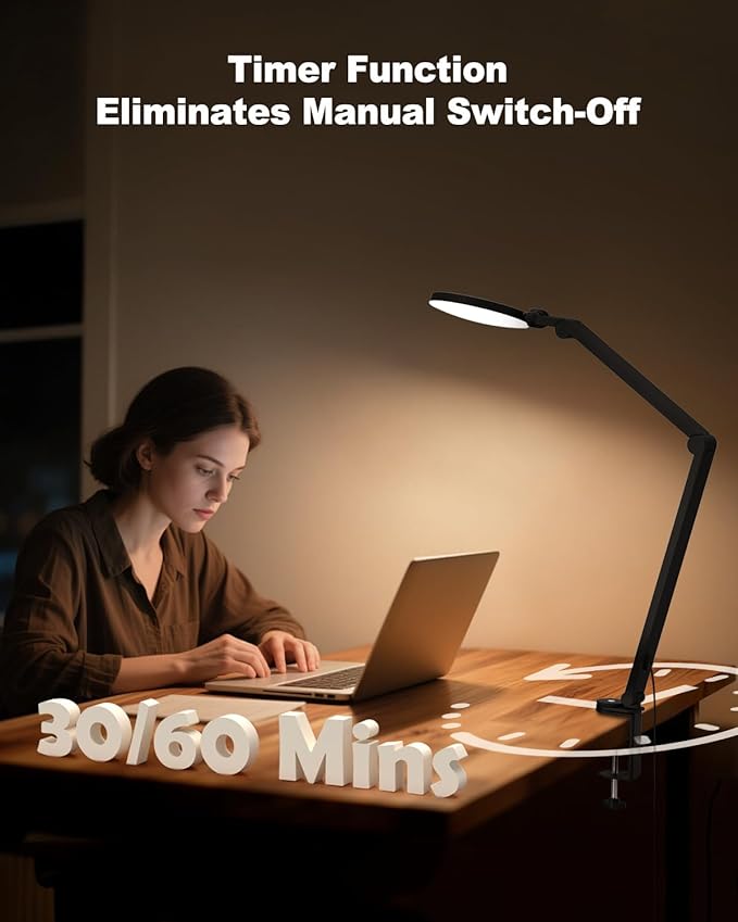 Desk Lamp, 16W LED Desk Light with Clamp & Adjustable Arm for Home Office Video Calls, Touch Control Eye-Care Light for Reading with 5 Color Temps (1700K-6000K) & 10 Brightness, Timer 0.5H/1H