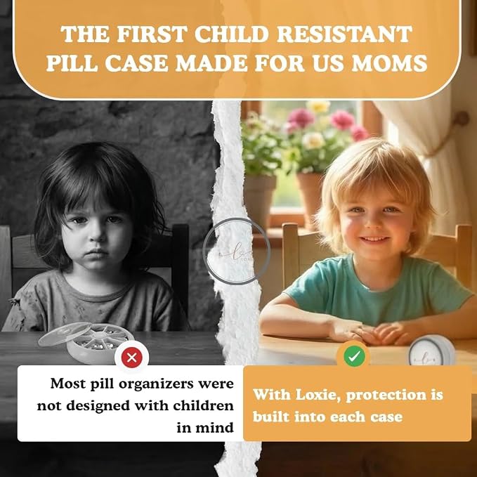 Loxie Child Resistant Travel Pill Case, Lightweight, Cotton Bag & Labels | 100% of Children Under Age 5 Tested Could Not Open The Case