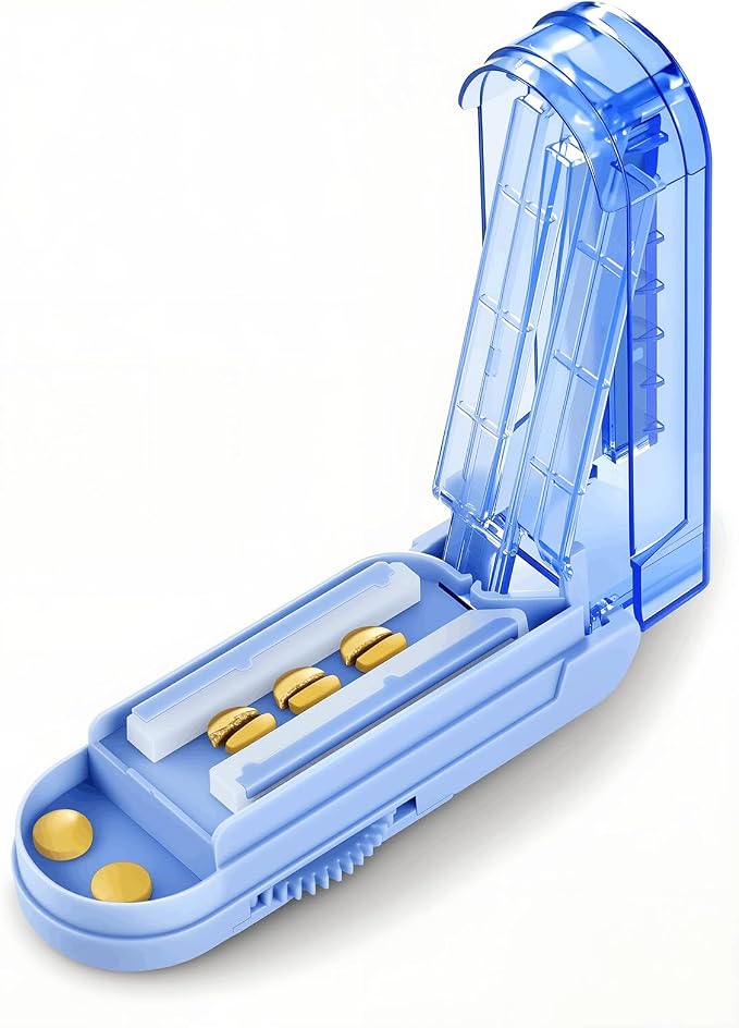 Multiple Pill Splitter, Adjustable Pill Cutter, Stainless Steel Cutting Blade & Blade Guard, with Accurate Pill Alignment, for Cutting Small Pills or Large Pills in Half (Blue)