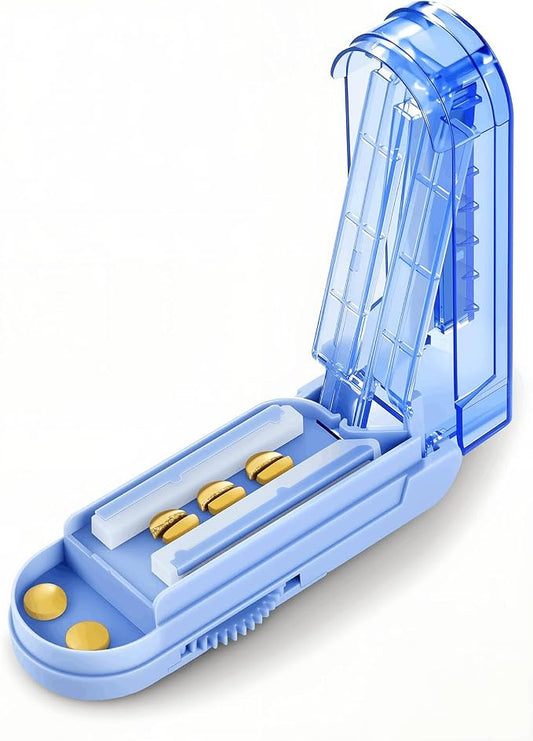Multiple Pill Splitter, Adjustable Pill Cutter, Stainless Steel Cutting Blade & Blade Guard, with Accurate Pill Alignment, for Cutting Small Pills or Large Pills in Half (Blue)