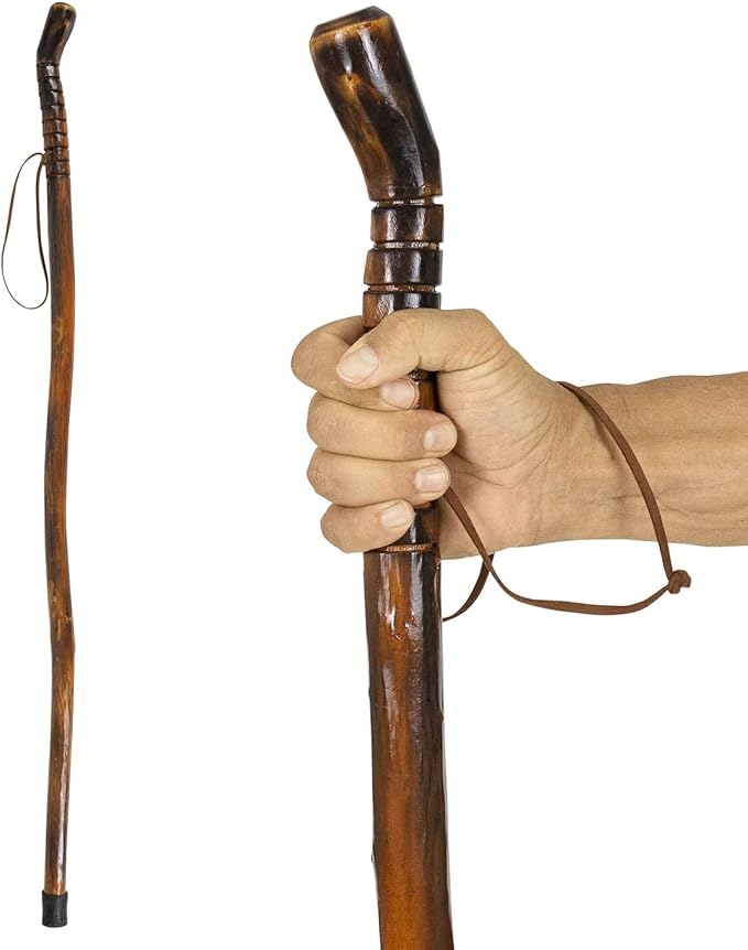 Vive Wooden Walking Stick for Hiking - Handcrafted, Waterproof, with Leather Wrist Strap - Wood Staff for Balance, Women, Men, Seniors - Non-Slip Tip for Safety